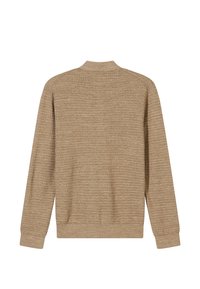 Beiger Strickpullover mit hohem Kragen, gerippten Bündchen und Saum. Verfügt über ein gestricktes Muster mit einem dezenten horizontalen Streifendesign.