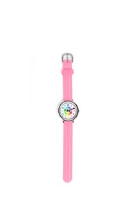 Montre-bracelet en silicone rose avec un cadran blanc rond orné de repères horaires colorés et une boucle en acier inoxydable.