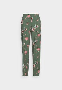 Groene bloemenbroek gemaakt van zachte stof, met een patroon van roze en blauwe bloemen, een gladde textuur en een rechte pijp.