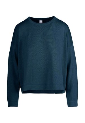 Ciemnozielony, oversize sweter o prążkowanej fakturze, szerokim dekolcie i opadłych ramionach. Posiada prosty dół i długie rękawy.