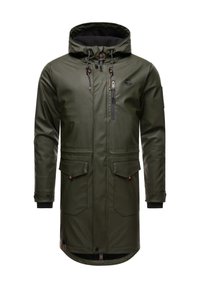 Olive green waterproof parka with adjustable hood, front zipper, and two large pockets. Features elastic cuffs and soft inner lining.