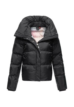 Chaqueta de pluma negra con cuello alto, cierre de cremallera y patrón acolchado. El interior presenta un forro de color claro.