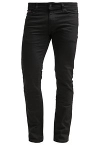 Voděodolné černé džíny vyrobené z denimu, s úzkým střihem, standardním pěti kapsovým designem a jemnými detaily prošívání.