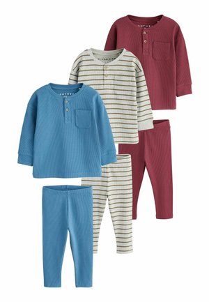 Three sets of long-sleeve tops and matching pants for toddlers in blue, striped beige and brown, and solid brown colors.