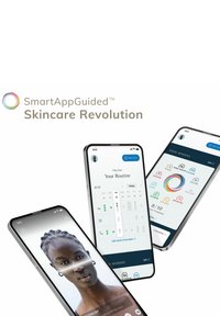 Trois smartphones affichant une application de soin de la peau avec un scan facial, un calendrier personnalisé de routine et le suivi de la progression des séances pour diverses préoccupations cutanées.