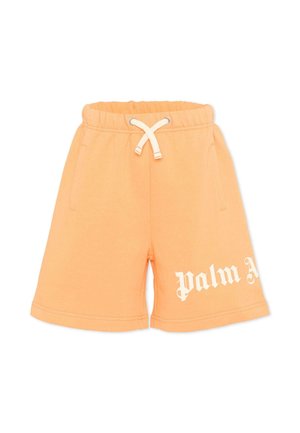 Pantaloncini casual di colore arancione chiaro con vita regolabile con coulisse, tasche laterali e testo bianco in stile gotico con la scritta "palm" sulla parte inferiore della gamba sinistra.