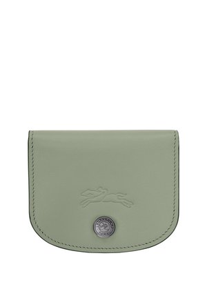 Small sage green leather wallet with embossed running greyhound logo and round metallic button closure.