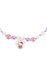 Collana di perline con perline iridescenti viola e rosa, con un pendente a forma di cuore trasparente che mostra un'illustrazione di un personaggio al centro.
