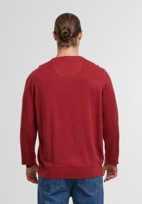 Roter Pullover mit langen Ärmeln, gerippten Bündchen und Saum. Aus weichem Material mit einer schlichten Textur, verfügt über einen Rundhalsausschnitt und Schulterdetails.