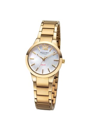 Gold-tone metal wristwatch with white face, gold hour markers, "REGENT" and "SOLAR" text, and linked metal band.