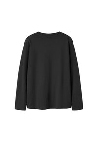 T-shirt nera a maniche lunghe realizzata in tessuto liscio, con scollo rotondo, taglio dritto e senza motivi o loghi visibili.