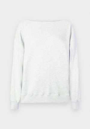 Light grey sweatshirt with a wide neckline, long sleeves, and ribbed cuffs. Made from a soft, textured cotton blend material.