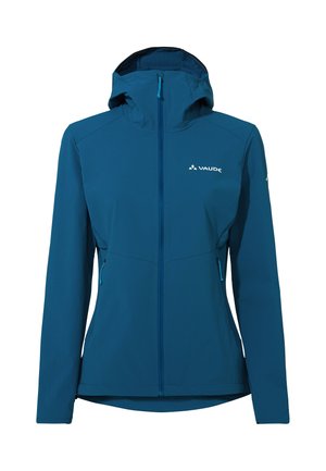 Blue hooded softshell jacket with front zipper, two zippered side pockets, and white Vaude logo on chest and sleeve.