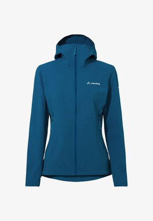 Blue hooded softshell jacket with front zipper, two zippered side pockets, and white Vaude logo on chest and sleeve.