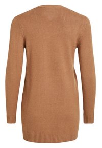 Suéter de manga larga color camello con una textura suave, dobladillo acanalado y escote redondo, presentando un reverso liso sin detalles adicionales.