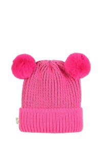 Strikket rosa lue med to fluffy pom-pom på toppen, en ribbet mansjett og metalliske tråder vevd inn.