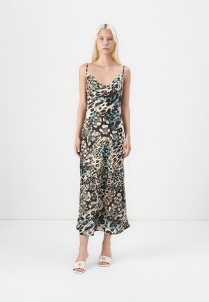 Satin midi dress with a leopard print in brown, beige, and teal. Features thin straps and a scoop neckline. Soft, flowing fabric.