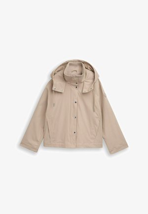 Beige Kapuzenjacke mit Druckknöpfen, Fronttaschen und Kordelzügen an der Kapuze, auf weißem Hintergrund dargestellt.