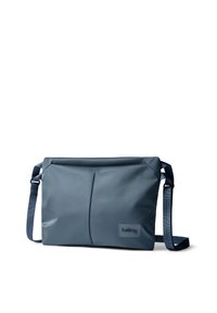Sac messager bleu marine en tissu durable, avec un design élégant, une sangle réglable et un logo discret sur un côté.