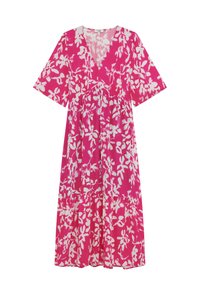 Rosa Blumenkleid mit kurzen Ärmeln, V-Ausschnitt und einem gestuften Rock, der weiße abstrakte Blattmuster aufweist. Weiche Stofftextur.