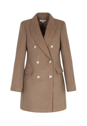 Manteau en laine marron à double boutonnage avec revers crantés, deux poches avant et boutons en métal argenté. Il présente une silhouette structurée et un design ajusté.