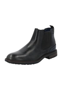 Botte chelsea en cuir noir avec des panneaux élastiques sur les côtés, un bout arrondi et une semelle texturée. Le talon présente un accent bleu contrastant.