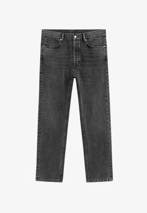 Zwarte spijkerbroek met een rechte pijp, voorzien van een klassieke vijfzakkenontwerp, zichtbare stiksels en een knoopsluiting aan de voorkant.