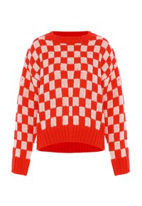 Maglione lavorato a maglia a quadri rossi e bianchi, con scollatura rotonda, design cropped e orlo a coste. Texture morbida e vestibilità ampia.
