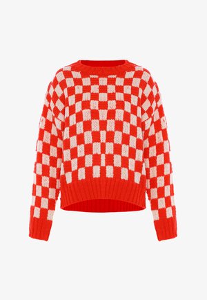 Pull en tricot à carreaux rouges et blancs avec un col rond, un design court et un ourlet côtelé. Texture douce et coupe ample.