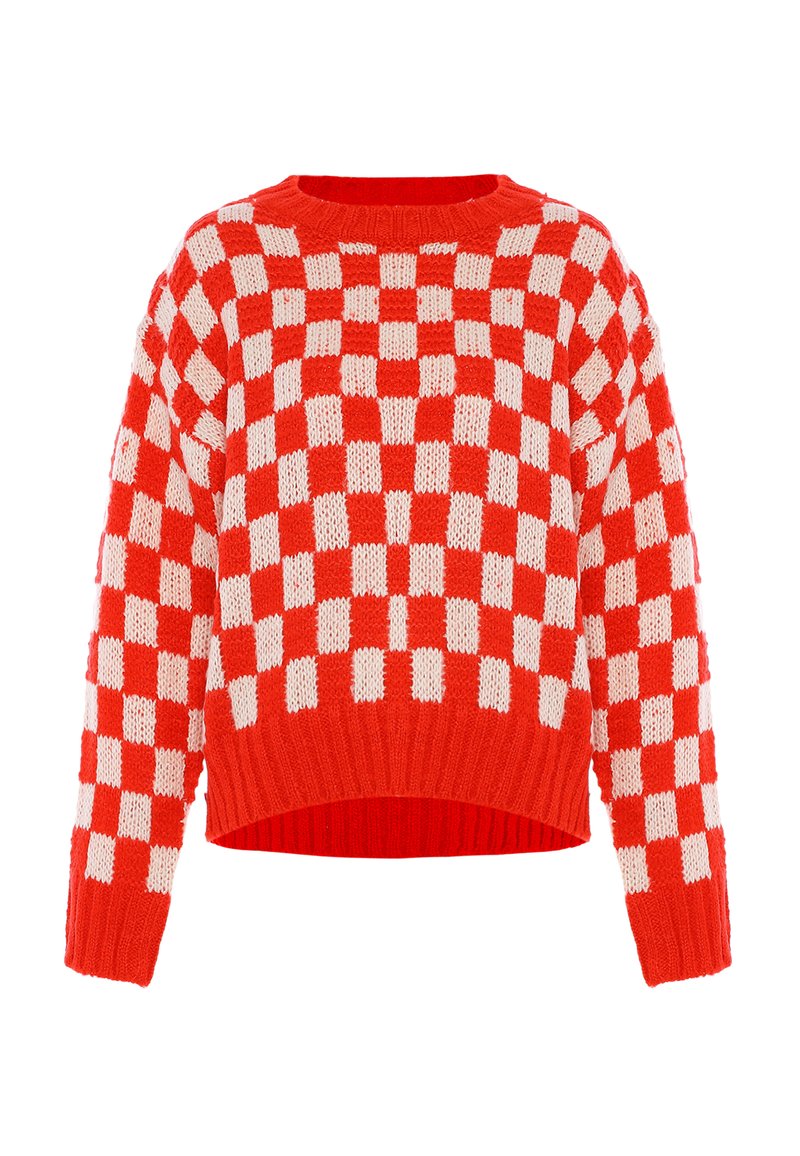 Maglione lavorato a maglia a quadri rossi e bianchi, con scollatura rotonda, design cropped e orlo a coste. Texture morbida e vestibilità ampia.