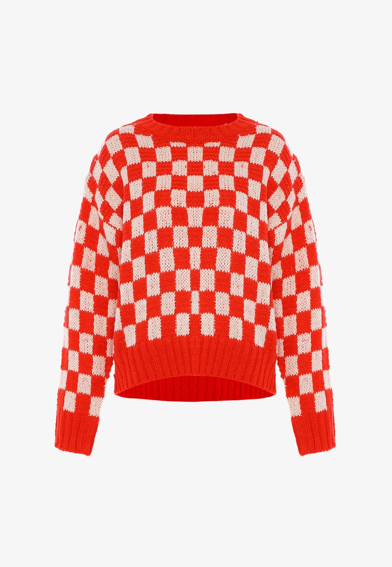 Piros és fehér kockás kötött pulóver, kerek nyakkivágással, rövidített fazonban és bordázott aljjal. Puha tapintású és laza illeszkedésű.