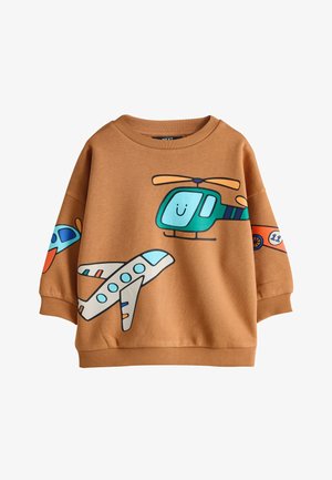 Bruine kindertrui met kleurrijke cartoonontwerpen van een vliegtuig, helikopter en auto op de voorkant en mouwen.