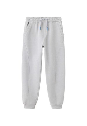 Pantalon de jogging gris clair avec taille élastique, cordon de serrage bleu, poches latérales et poignets côtelés aux chevilles.