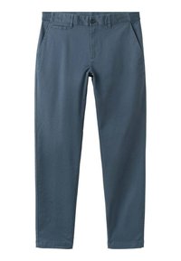 Dark blue cotton trousers with a flat front, belt loops, and side pockets. Smooth texture, tapered leg design, and single back pocket.