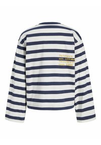 Striped long-sleeve shirt in navy and white featuring text on the back: "The future is ours. JJXX studio. The world is in our hands. ©2020."