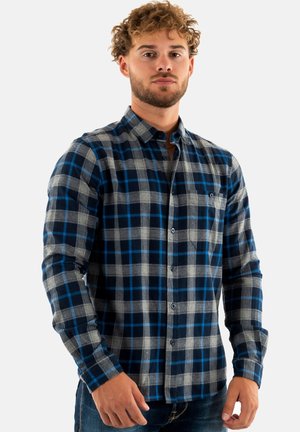 Camisa de cuadros para hombre hecha de tejido mezclado, con un diseño de cuadros en azul marino, gris y azul, cierre de botones, mangas largas y un bolsillo en el pecho.