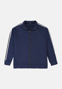 Navy zip-up jacket made of soft fabric, featuring a stand-up collar, long sleeves, and white stripes along the shoulders.