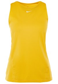 Keltainen urheilullinen hihaton paita, joka on valmistettu kevyestä ja hengittävästä kankaasta. Sisältää pyöreän pääntien ja pienen valkoisen logon edessä.