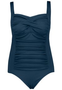Marineblauwe eenpiece zwemoutfit met gathers bij de borst en zijkanten, rechte schouderbanden en een gladde, gestructureerde stof.