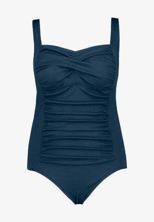 Dunkelblauer Einteiler-Badeanzug mit Raffung an der Brust und an den Seiten, geraden Schulterträgern und einem glatten, strukturierten Stoff.