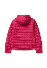 Svetle růžová prošívaná bunda s dlouhými rukávy a připevněnou kapucí, zobrazená ze zadní strany na bílém pozadí.