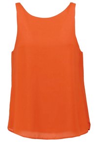 Oranžový top bez rukávů vyrobený z lehké látky, s kulatým výstřihem a volným, splývavým střihem se bočními švy.