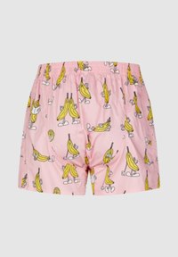 Fuchsia Shorts mit einem sich wiederholenden Bananencharakter-Muster. Hergestellt aus weichem Stoff mit einem elastischen Bund und Seitentaschen.