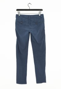 Navy blue trousers with a smooth texture, featuring a straight cut, two back pockets with buttons, and belt loops at the waist.