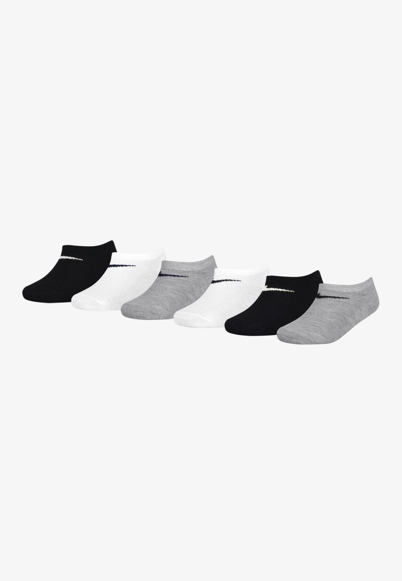 Set di sei calzini corti in nero, bianco e grigio. Composizione in misto cotone, texture morbida, con design minimalista e dettagli a righe in contrasto.