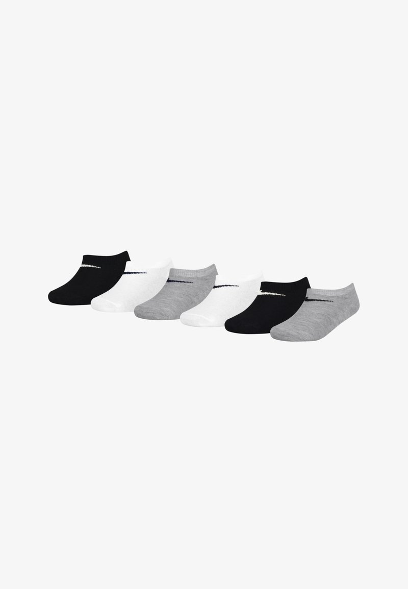 Conjunto de seis pares de meias baixas em preto, branco e cinza. Mistura de algodão, textura suave, com um design minimalista e detalhes em listras contrastantes.
