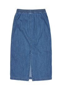Jeansrok in mid-blauw met een elastische tailleband, tot op de knie, met een centrale split aan de voorkant en een gladde textuur.