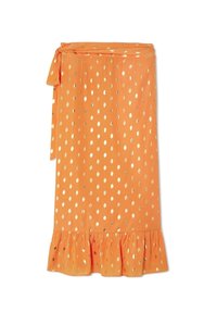 Jupe portefeuille orange avec des pois dorés, un ourlet volanté et un lien à la taille.