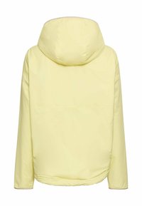 Jasnopomarańczowa puchowa kurtka z kapturem, widoczna od tyłu, z długimi rękawami i elastycznym dołem.