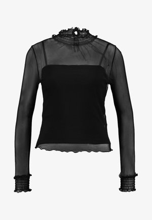 Schwarzes Langarmoberteil aus transparentem Mesh-Stoff, mit hohem Rüschkragen, figurbetonender Passform und gerippten Akzenten an den Manschetten und dem Saum.